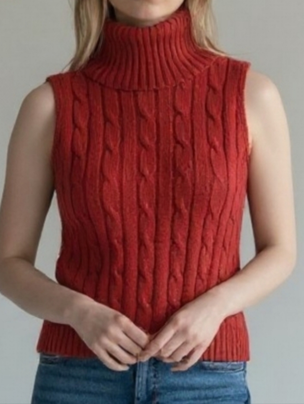 Brick Red Cable Knit Turtleneck Sleeveless Sweater
